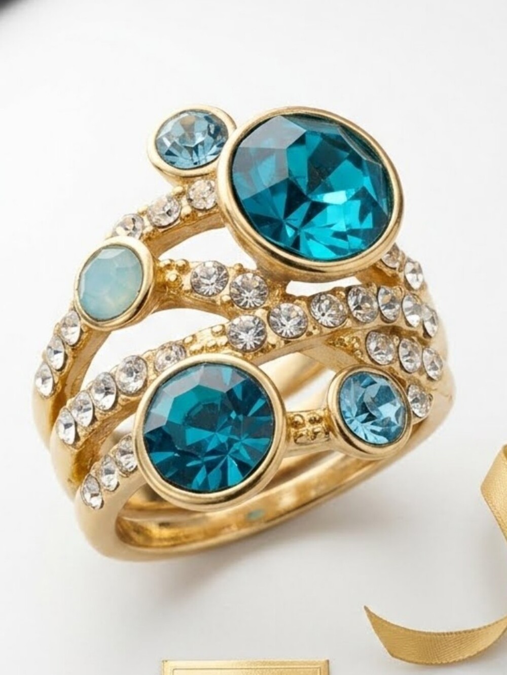 Swarovski Crystal Blue Zircon Gold Statement Cocktail Ring Rhinestone